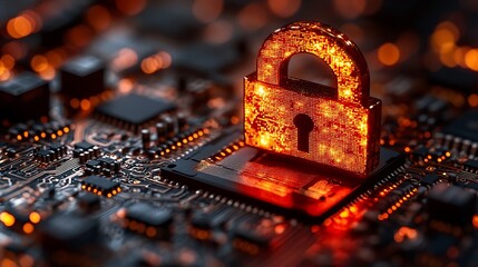 A glowing padlock sitting on a complex circuit board