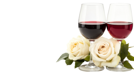 Two wine glasses with red wine and roses, romantic composition, cut out transparent