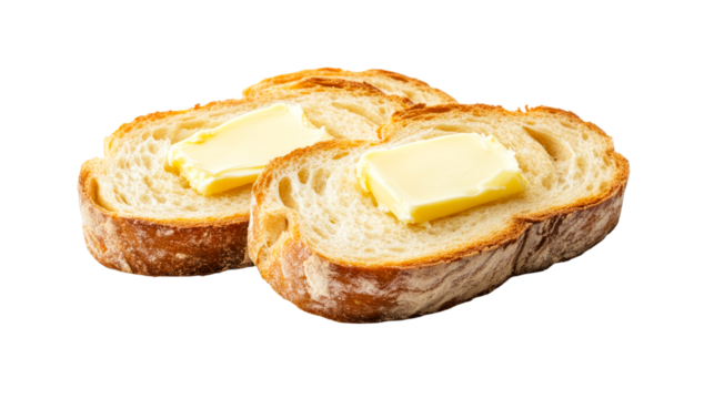 Two golden bread slices with butter pieces, cut out transparent