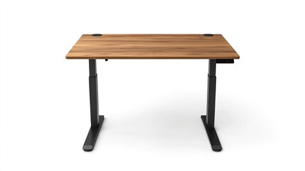Modern standing desk with wood top and black legs.