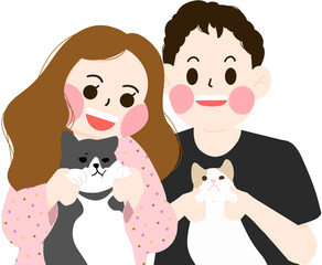 A warm and cheerful illustration of a smiling couple holding two adorable cats. The playful expressions of the cats and the joyful faces of the characters make this image perfect for pet-themed design