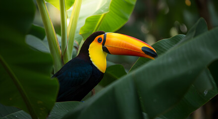 Fototapeta premium Vibrant toucan portrait amidst the lush greenery of tropical banana leaves