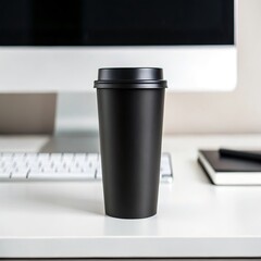 Sleek Black Coffee Cup Mockup On Minimalist Desk Setup With Computer
