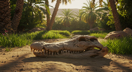 Sun-Bleached Crocodile Skull Relic Resting Amidst Desert Oasis Verdure Landscape