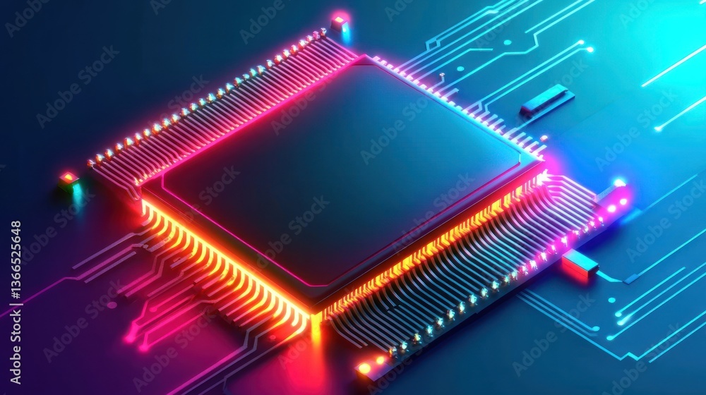 Poster hightech microchip circuit board with neon glow abstract technology background for tech desig