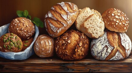 This image captures an assortment of artisan breads arranged beautifully on a rustic wooden table, showcasing the texture, craftsmanship, and allure of baked goods.