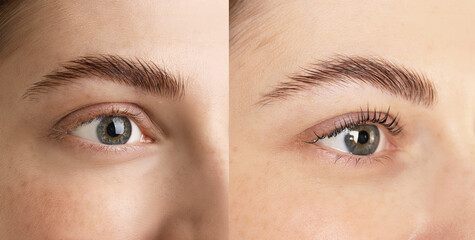 Fototapeta premium Woman showing her eyelashes before and after lamination procedure, closeup. Collage of photos