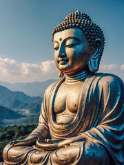 Obraz premium Buddha statue with a scenic landscape, generative AI style.