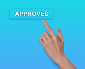 Woman touching button Approve on virtual screen against light blue background, closeup
