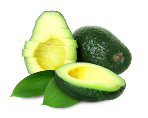 Whole and cut avocado fruits with fresh leaves on white background