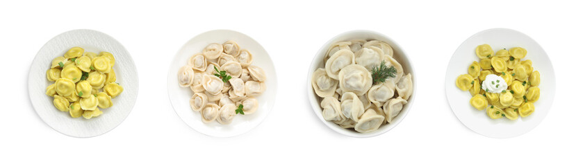 Tasty boiled dumplings (pelmeni) on white background, set. Top view