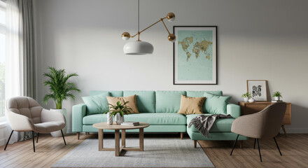 This inviting living room showcases a mint green sofa paired with neutral armchairs, a wooden coffee table, and decorative plants that create a cozy atmosphere in the space