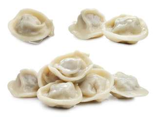 Tasty boiled dumplings on white background, collage