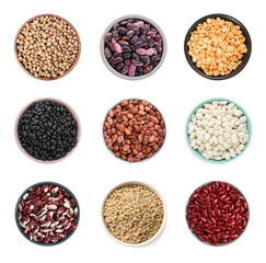 Different types of legumes in bowls isolated on white, set. Top view