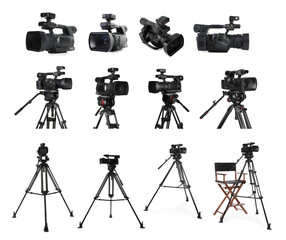 Modern video cameras on white background, collage. Professional equipment