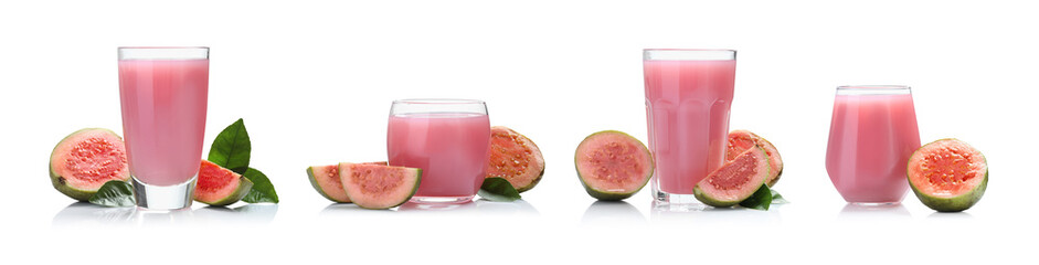 Tasty guava juice in glasses and fresh fruit isolated on white, set