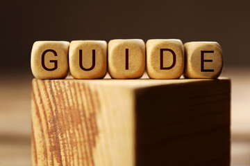 Word Guide made of cubes on wooden block, closeup