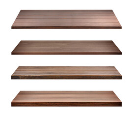 Empty wooden shelves isolated on white, set