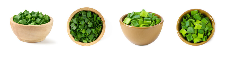 Fresh chopped green onion in bowls on white background, collage