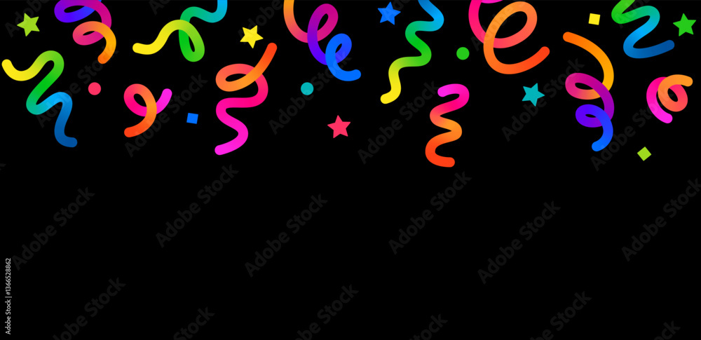 Poster Vector Confetti Background. Abstract Border with Color Pattern. Falling Gradient Ribbons and Stars for Carnivals, Birthday Parties and Carnavals Decoration