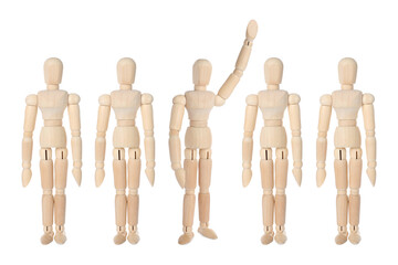 Difference, uniqueness, individuality. Wooden human models and one mannequin with raised hand on...