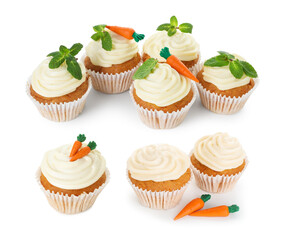 Yummy carrot cupcakes isolated on white, set