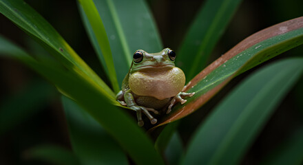 Serene tree frog portrait with inflated vocal sac nestled among vibrant foliage