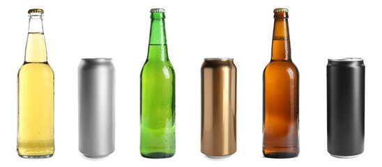 Different types of fresh beer isolated on white, set
