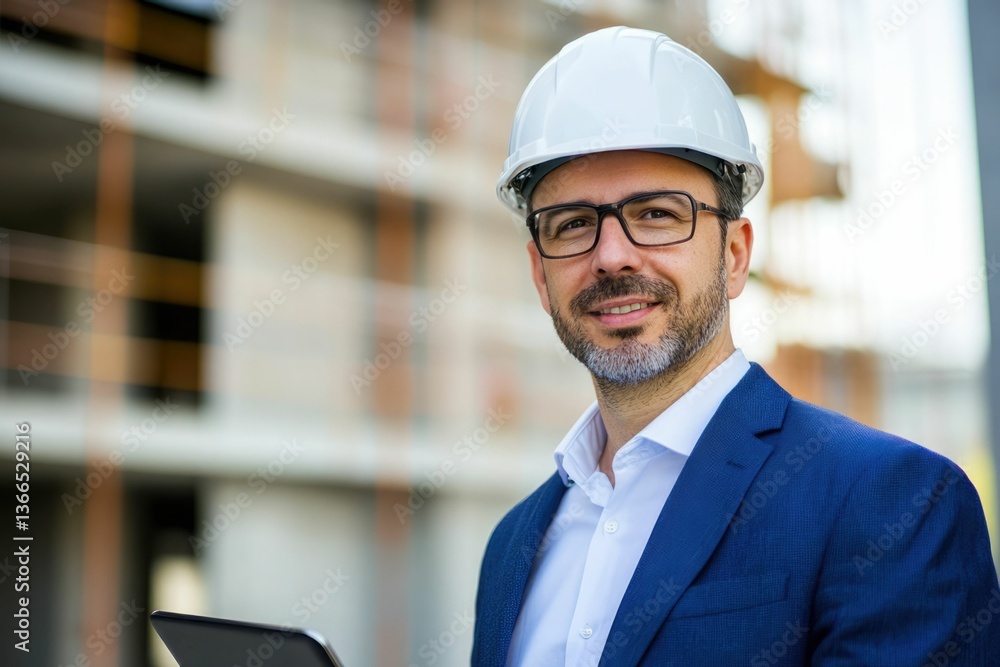 Aufkleber civil engineer or architect with hardhat on construction site checking schedule on tablet computer