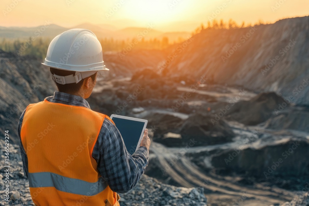 Aufkleber civil engineer or architect with hardhat on construction site checking schedule on tablet computer