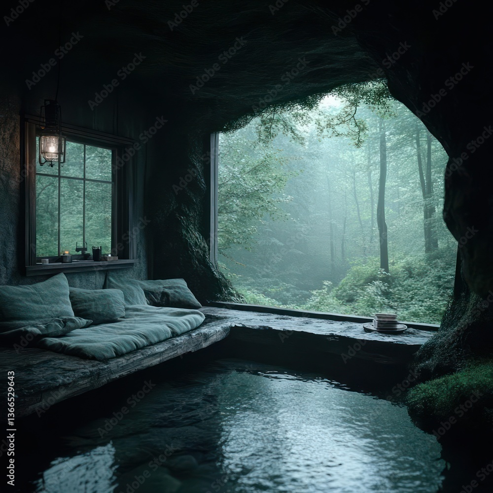 Aufkleber Cave Interior With Window View Of Green Forest With Stone Seating Pillows And Water Pool Reflecting Soft Light