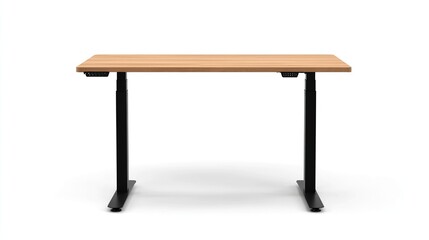 Modern adjustable height standing desk with light wood top and black legs.