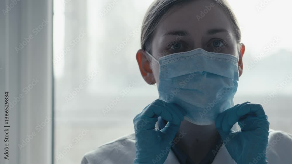 Poster a dedicated scientist in a lab puts on protective gear, including a mask and goggles, showing their 