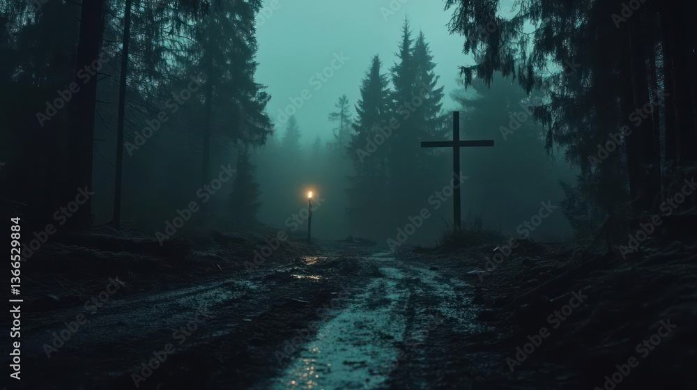 Aufkleber dark misty forest path leads to a illuminated cross in a gloomy atmospheric landscape