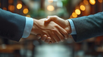 A close-up shot of two people in business suits shaking hands in a warm environment. The shot symbolizes an agreement or successful business deal