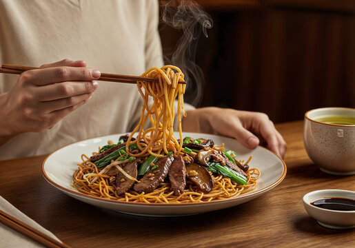 A steaming plate of stir-fried noodles with tender beef slices, shiitake mushrooms, and fresh green vegetables served with a side of soy sauce and a cup of tea - Powered by Adobe