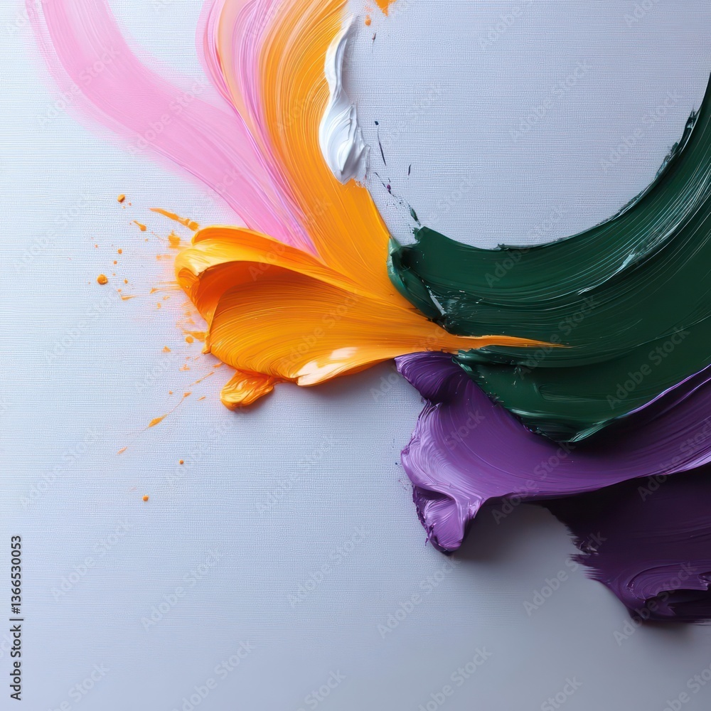Poster colorful paint brushstrokes on textured gray canvas abstract artistic composition of colors and text