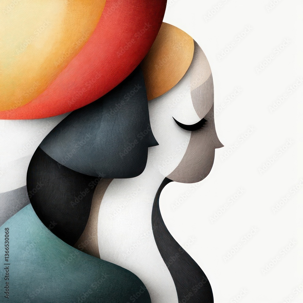 Poster Abstract Illustration Of Women Silhouettes With Overlapping Shapes In Textured Color Tones Against White Background