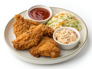 Top-view of a plate with crispy golden fried chicken, served with coleslaw and a dipping sauce, isolated on a white background