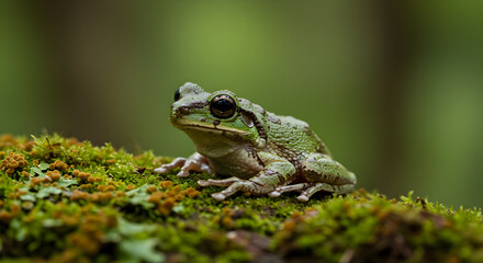 Obraz premium Tree frog perfectly camouflaged, blending seamlessly with lichen on a mossy surface