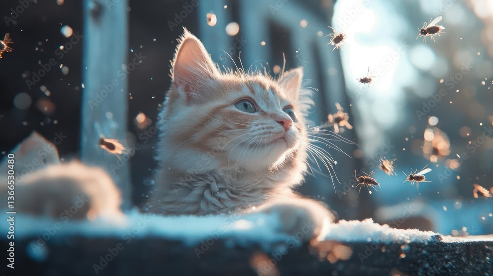 Poster orange kitten looks up while sitting in snow with flying insects and blurred background