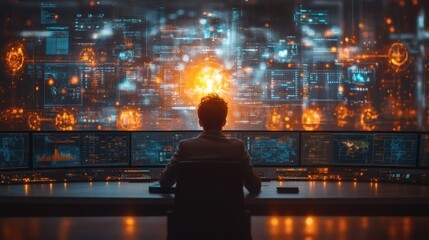 A person sitting and observing data screens in a high-tech control room, emphasizing the complexity of modern technology. The lighting enhances a futuristic and dynamic environment.