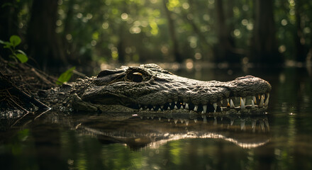 Fototapeta premium Submerged Predator: Alligator Skull Resting in Murky Swamp Waters in Forest