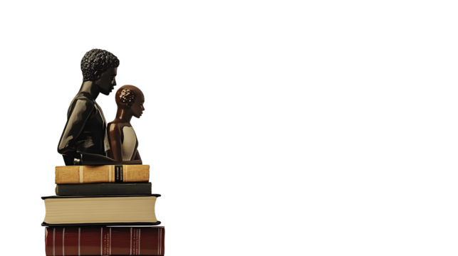 An abstract celebration of Black History Month featuring symbolic elements like books and historic figures against a muted beige background, macro shot, 