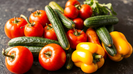 A vibrant harvest of juicy red tomatoes, crisp green cucumbers, and sunny yellow bell peppers, bursting with freshness and ready to be enjoyed.