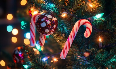 A decorated Christmas tree featuring ornaments and candy canes