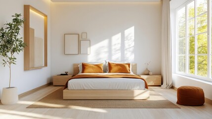 Bright Bedroom Interior With Wooden Bed Furniture and Natural Light Shining Through Window With Decorative Elements