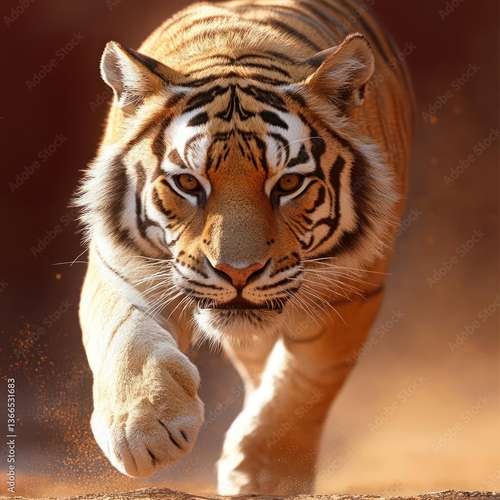 Poster striking portrait of a tiger walking forward displaying orange black stripes and intense gaze