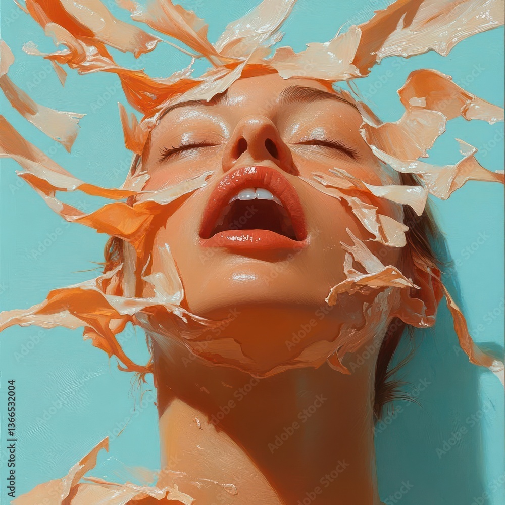 Poster Close Up Portrait Of Woman With Orange Textured Elements And Teal Background