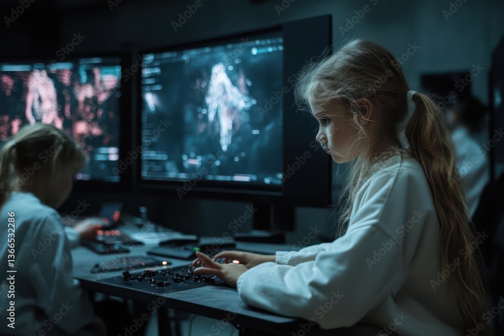 Poster Two Young Girls Focused on Computer Screens in Dark Room One Typing on Keyboard Monitors Display Graphics